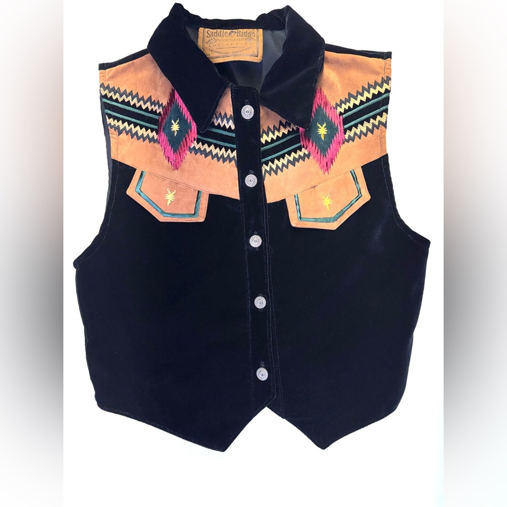 Saddle Ridge Black Velvet button Vest size XS Aztec Vintage Southwestern Cowgirl